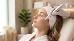 A woman relaxing in a spa treatment chair while a gloved practitioner holds a microneedling pen with a multi-pin cartridge to her cheekbone