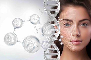 Woman with skincare and facial treatment concept featuring DNA and molecular imagery.